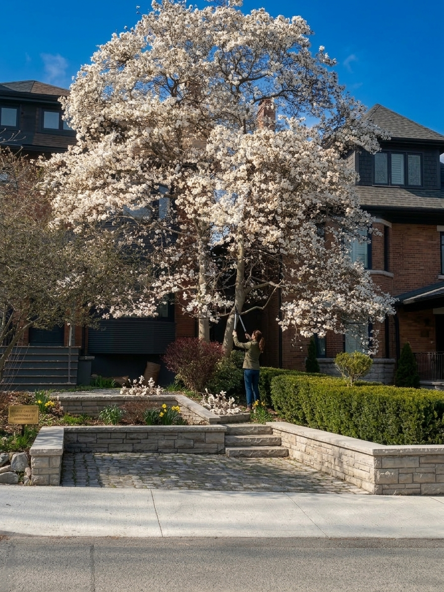 Neatly pruned ornamental shrubs and flowering hedge on a residential property